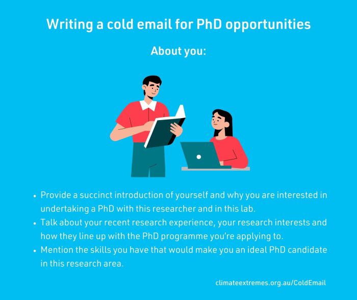 Provide a succinct introduction of yourself and why you are interested in undertaking a PhD with this researcher and in this lab.
Talk about your recent research experience, your research interests and how they line up with the PhD programme you’re applying to.
Mention the skills you have that would make you an ideal PhD candidate in this research area.