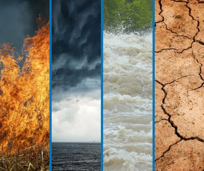 What is a compound event in weather and climate? Compound events may be fires, floods, droughts, storms and more. 4 images edited together -  a fire, storm, flood and cracked soil from a drought.
